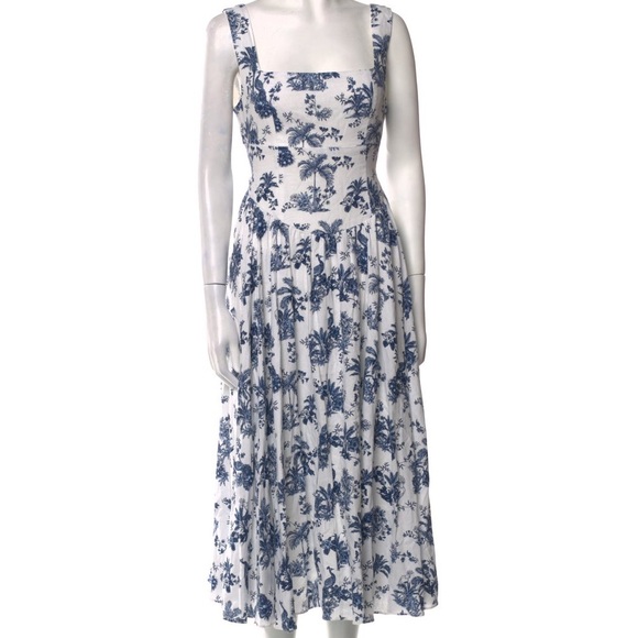 Caroline Constas Ciasral vibe Blue & White peacock Floral Square-Neck Midi Dress
